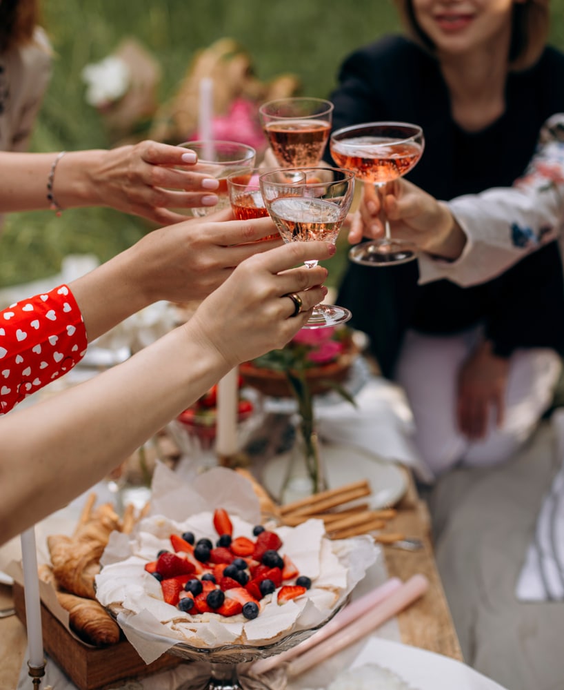 Women,Clink,Glasses,With,Rose,Wine,At,An,Outdoor,Party.Women,Clink,Glasses,With,Rose,Wine,At,An,Outdoor,Party.